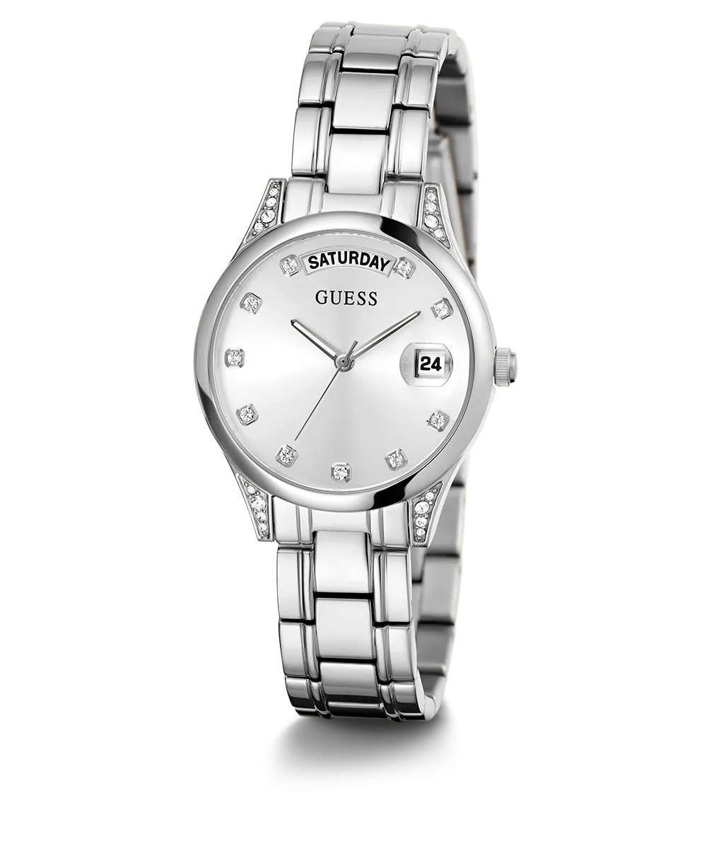 GUESS Ladies Silver Tone Day/Date Watch