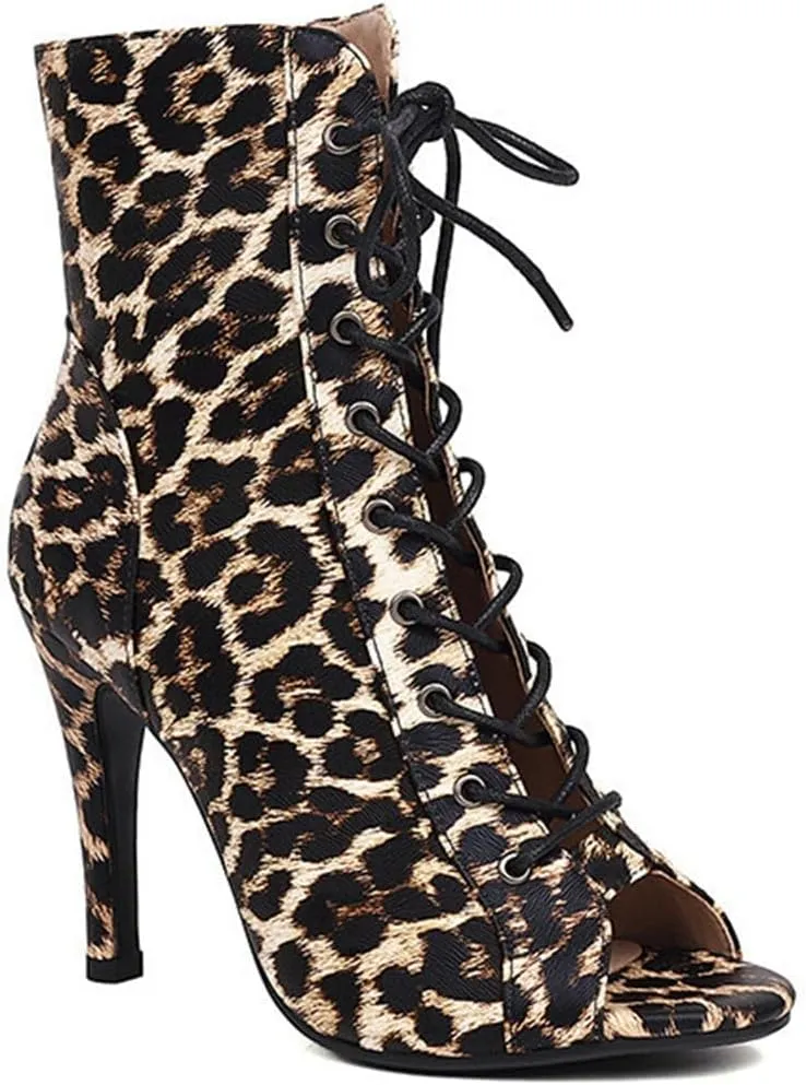 JXUZY Womens Jazz Ballroom Dance High Heels Sandals Peep Toe Lace-up Stiletto Heels Ankle Boots