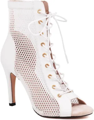 JXUZY Women's Lace-up Mesh Sandals Jazz Dance High Heels Peep Toe Ankle Boots