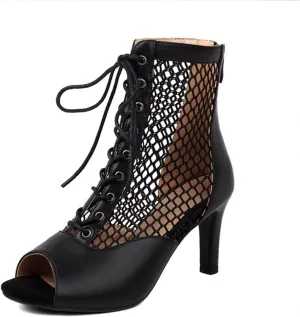 JXUZY Women's Lace-up Mesh Sandals Jazz Dance High Heels Peep Toe Ankle Boots