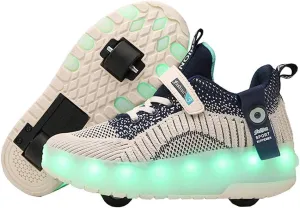 Kids Breathable Mesh Led Light Up Shoes USB Charging Double Wheels Roller Skate Shoes for Boys Girls