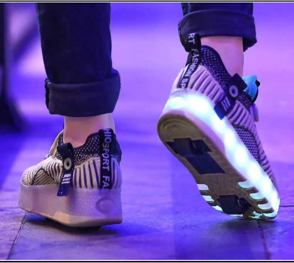 Kids Breathable Mesh Led Light Up Shoes USB Charging Double Wheels Roller Skate Shoes for Boys Girls