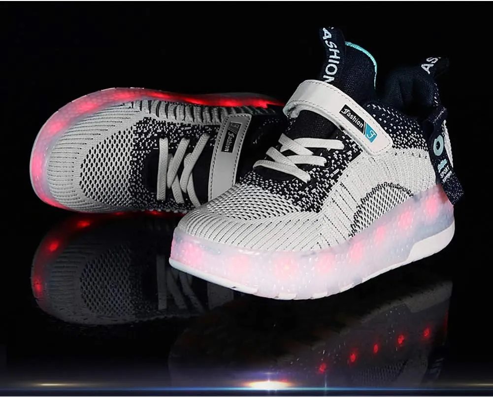 Kids Breathable Mesh Led Light Up Shoes USB Charging Double Wheels Roller Skate Shoes for Boys Girls