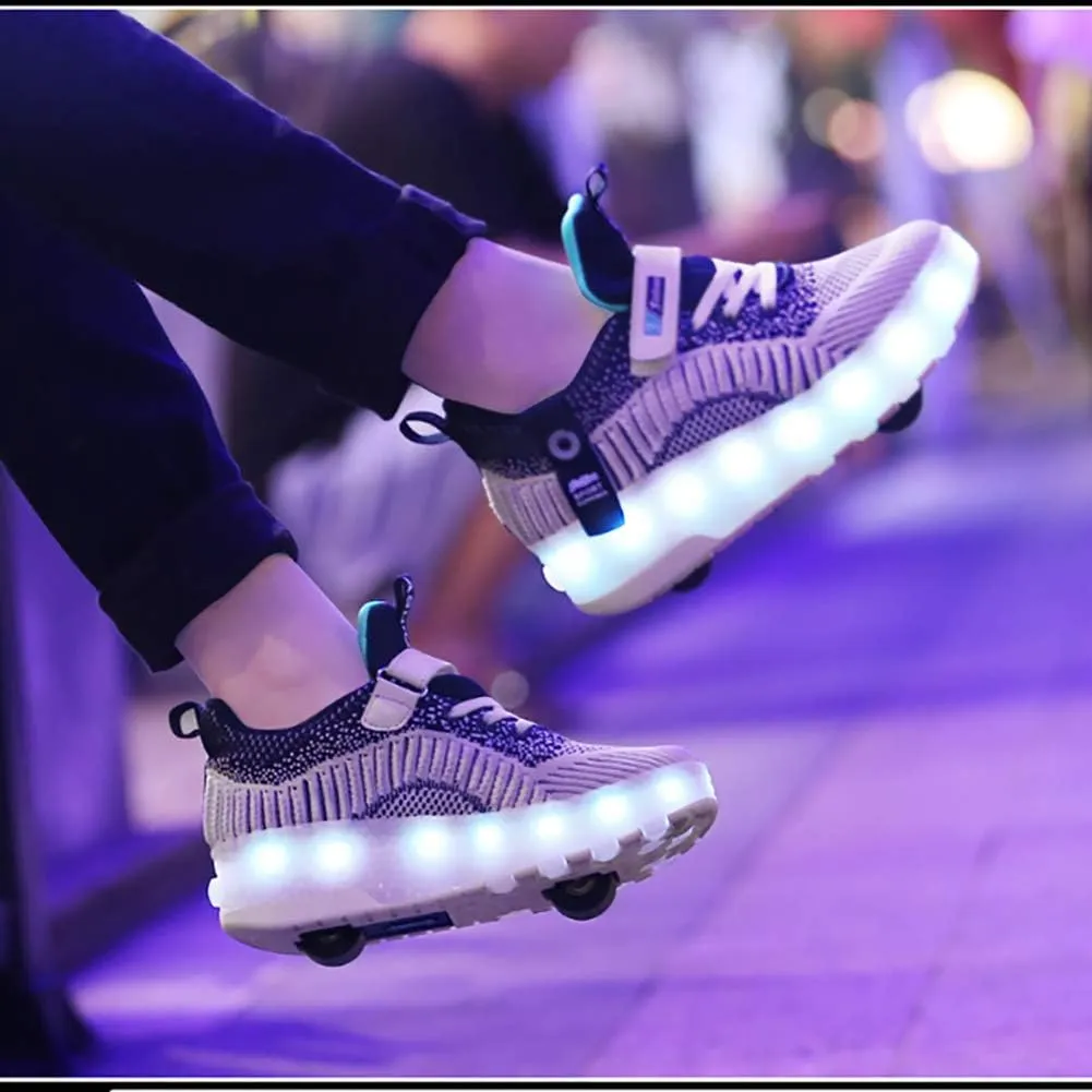 Kids Breathable Mesh Led Light Up Shoes USB Charging Double Wheels Roller Skate Shoes for Boys Girls