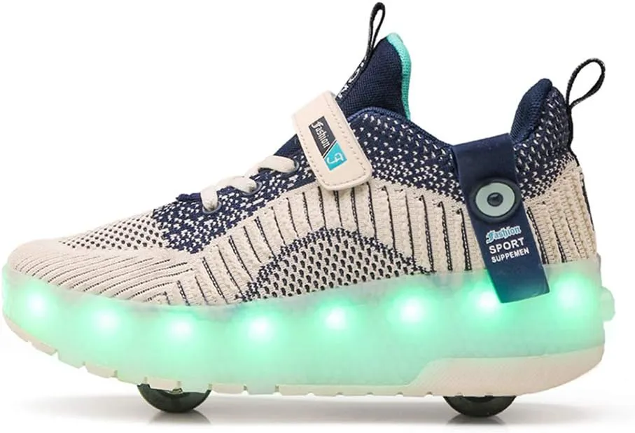 Kids Breathable Mesh Led Light Up Shoes USB Charging Double Wheels Roller Skate Shoes for Boys Girls