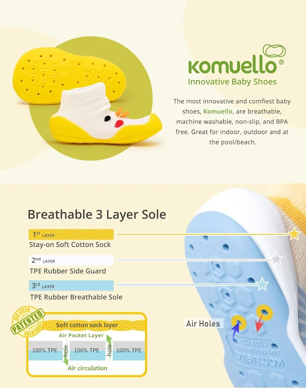 Komuello Toddler Boy Shoes, Premium Materials, Breathable, Washable, Non-Slip, Stay-On, Durable, Cotton Socks with Air Pocket Cushion for Indoor and Outdoor - BPA Free Toddler Shoes for Boys