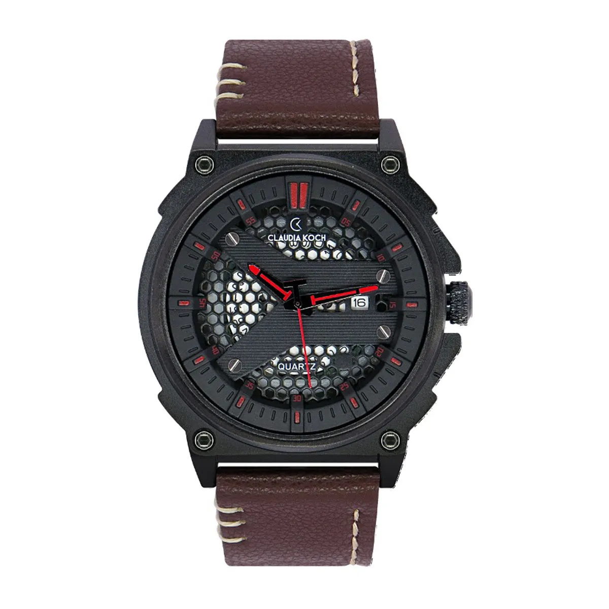 Leather Band Analog Date Sporty Men Watch