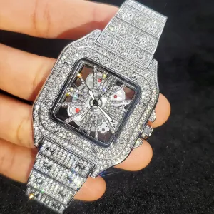 Luxury 18K Gold Plated Stainless Steel or Silver CZ Diamond Quartz Square Watch For Men Waterproof Classic Design Ice Adjustable Size Band