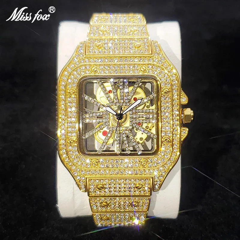 Luxury 18K Gold Plated Stainless Steel or Silver CZ Diamond Quartz Square Watch For Men Waterproof Classic Design Ice Adjustable Size Band
