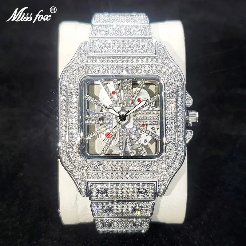 Luxury 18K Gold Plated Stainless Steel or Silver CZ Diamond Quartz Square Watch For Men Waterproof Classic Design Ice Adjustable Size Band