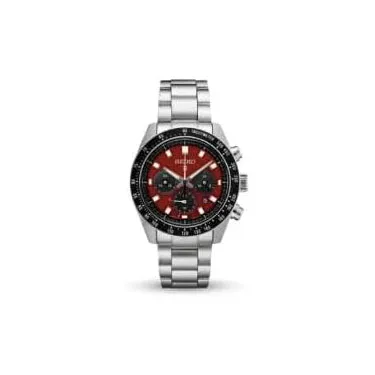 Seiko Men's Red Dial Silver Stainless Steel Band Analog Chronograph Quartz Solar Watch - SSC927