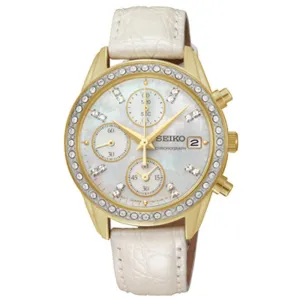 Seiko SNDX74 Women's Chronograph MOP Dial White Leather Strap Gold Tone Steel Watch