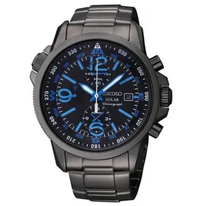 Seiko SSC079 Men's Solar Chronograph Black Dial Black IP Steel Compass Alarm Watch