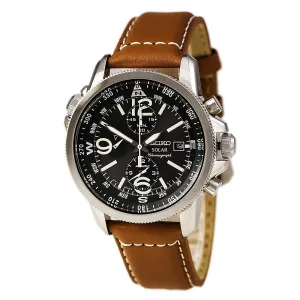 Seiko SSC081 Men's Solar Chronograph Black Dial Brown Leather Band Compass Alarm Watch