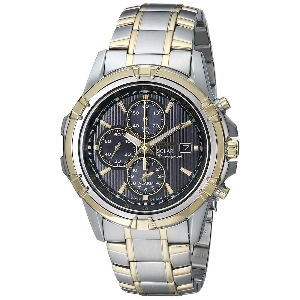Seiko SSC142 Men's Solar Black Dial Two Tone Steel Chronograph Alarm Watch