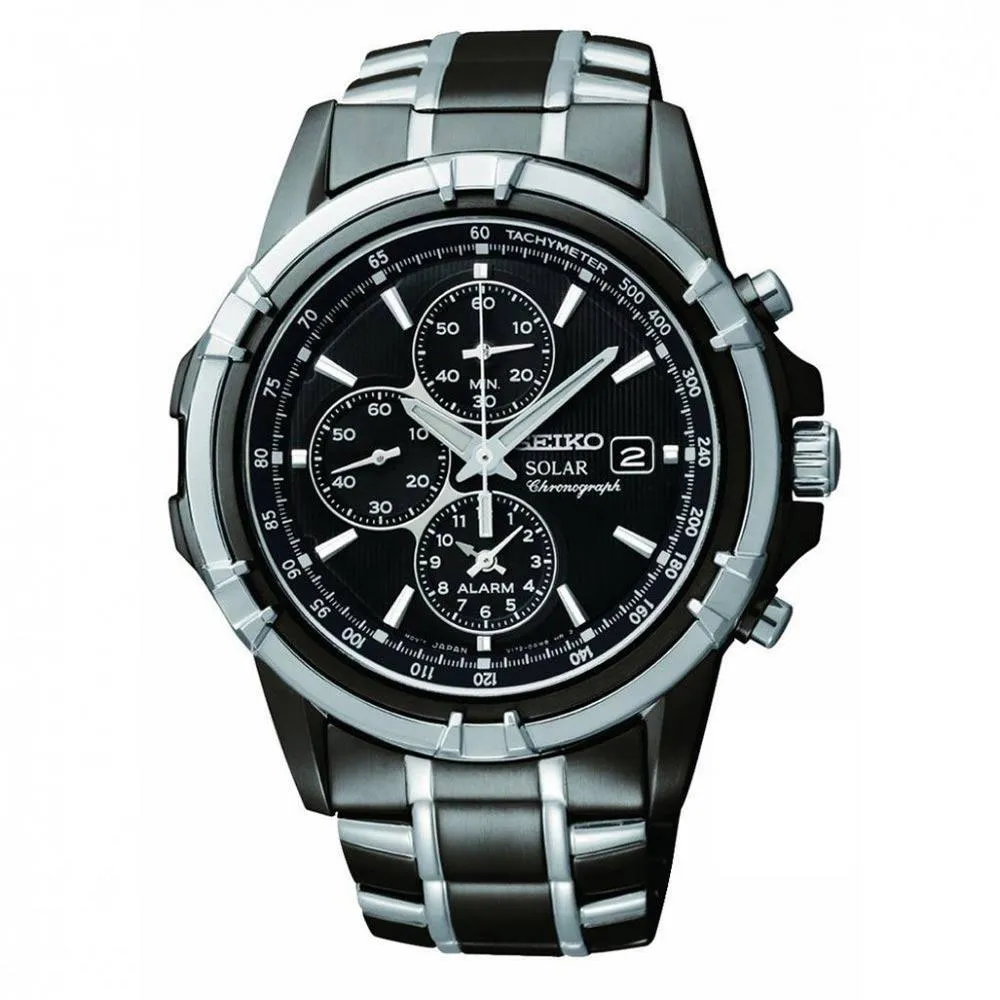 Seiko SSC143 Men's Solar Black Dial Two Tone Black IP Steel Chronograph Alarm Watch
