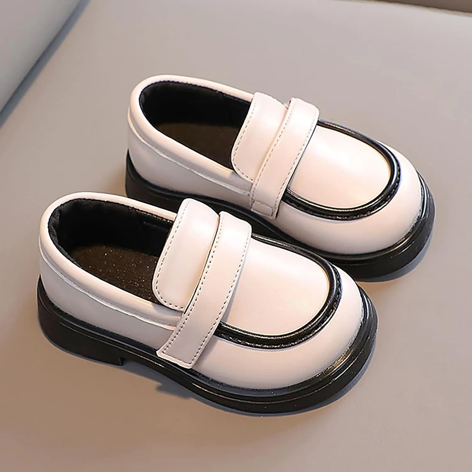 sfdgfhyf Toddler Round Toe Shoes Toddler Boys Girls Dress Shoes PU Leather Wedding School Loafer (Beige, 3-3.5 Years Toddler)