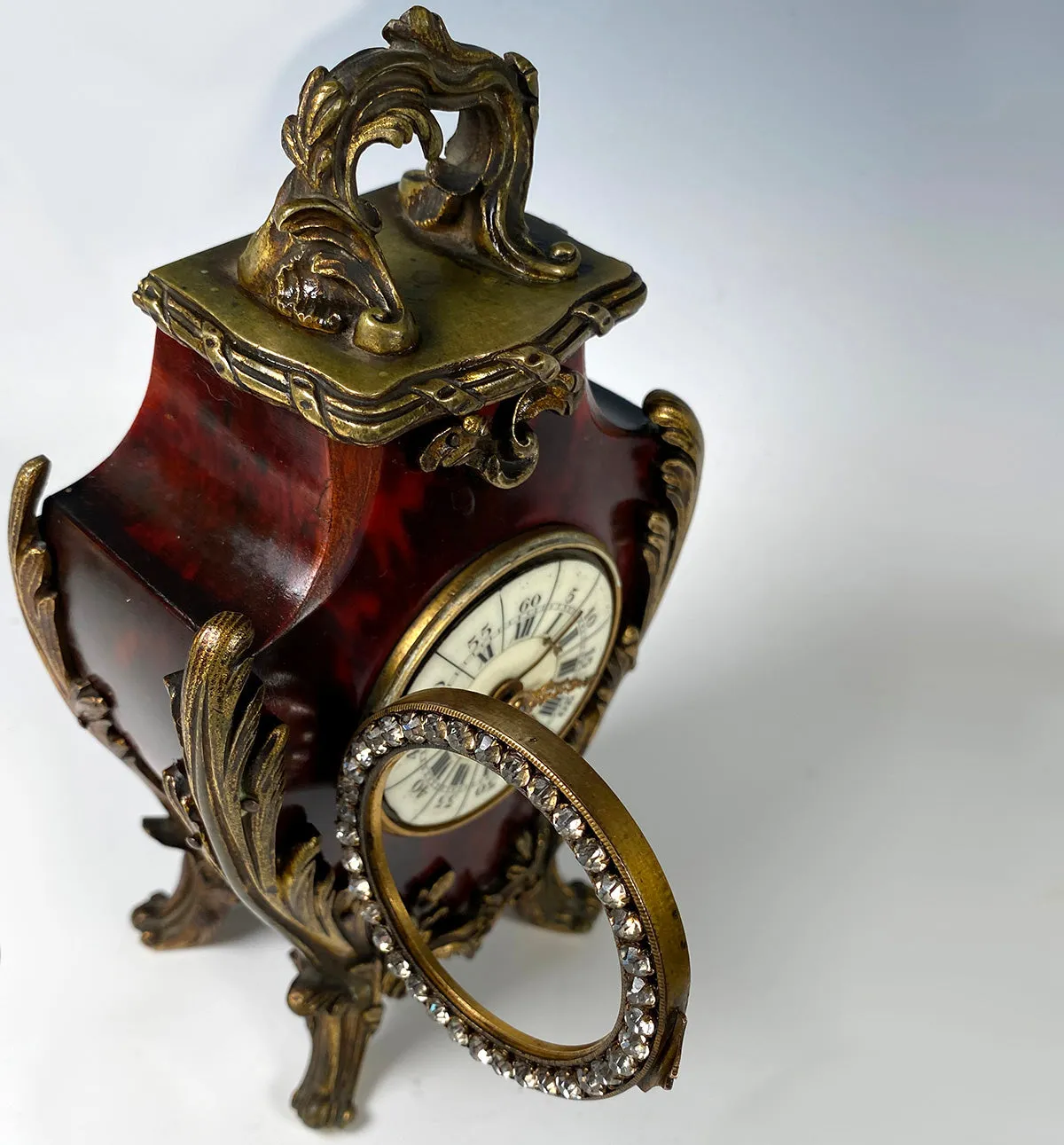 Superb 19th c. Antique French Boudoir or Desk Clock in Tortoise Shell, Paste Gem Face, Enamel Dial