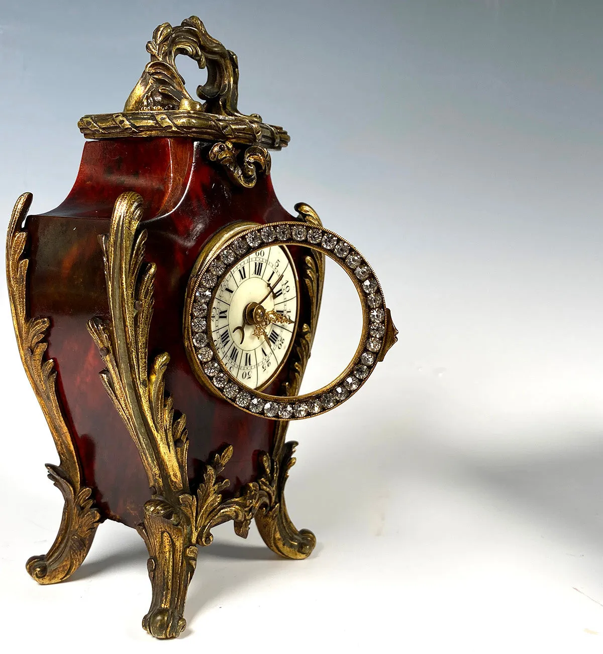 Superb 19th c. Antique French Boudoir or Desk Clock in Tortoise Shell, Paste Gem Face, Enamel Dial