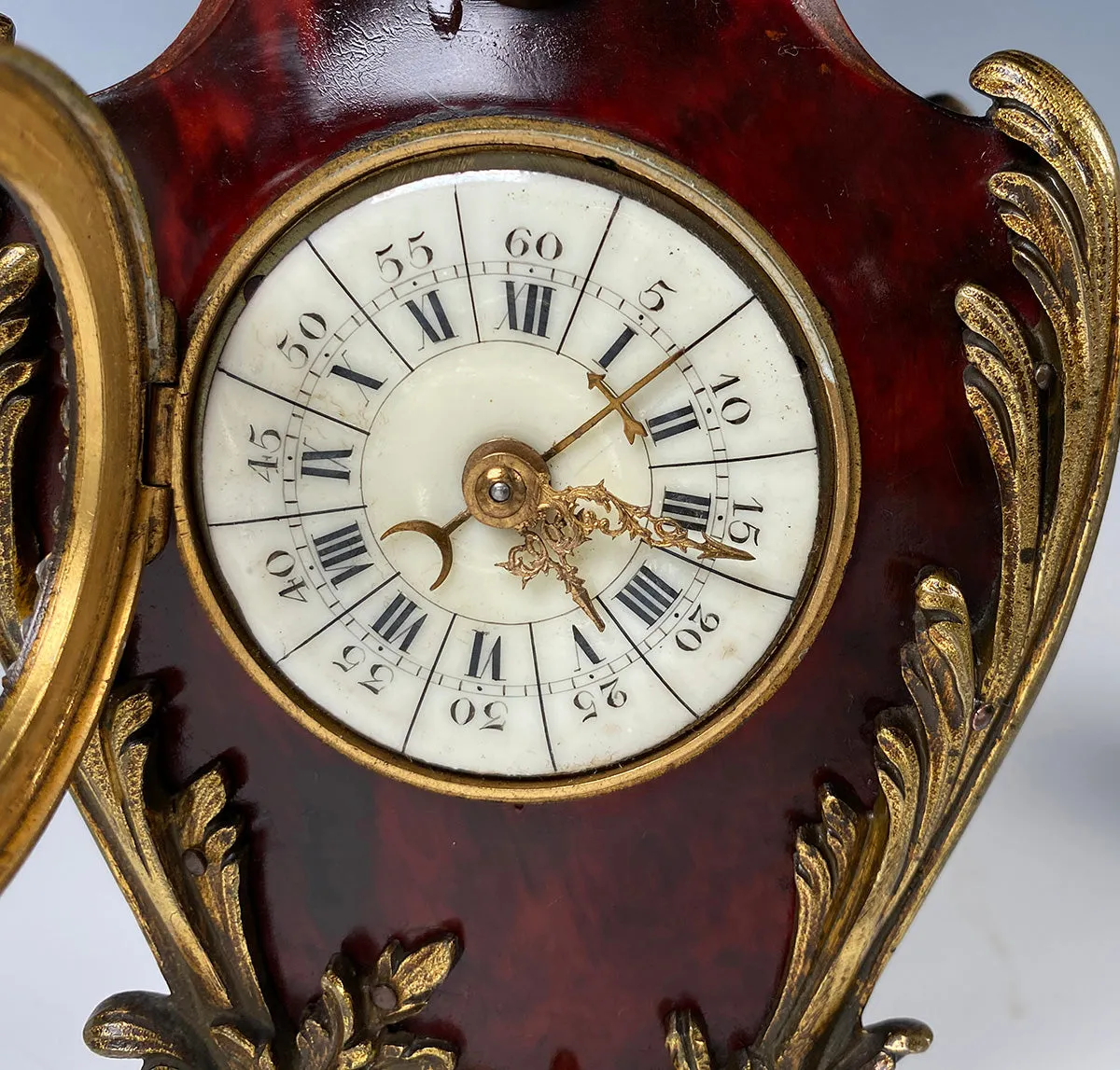 Superb 19th c. Antique French Boudoir or Desk Clock in Tortoise Shell, Paste Gem Face, Enamel Dial