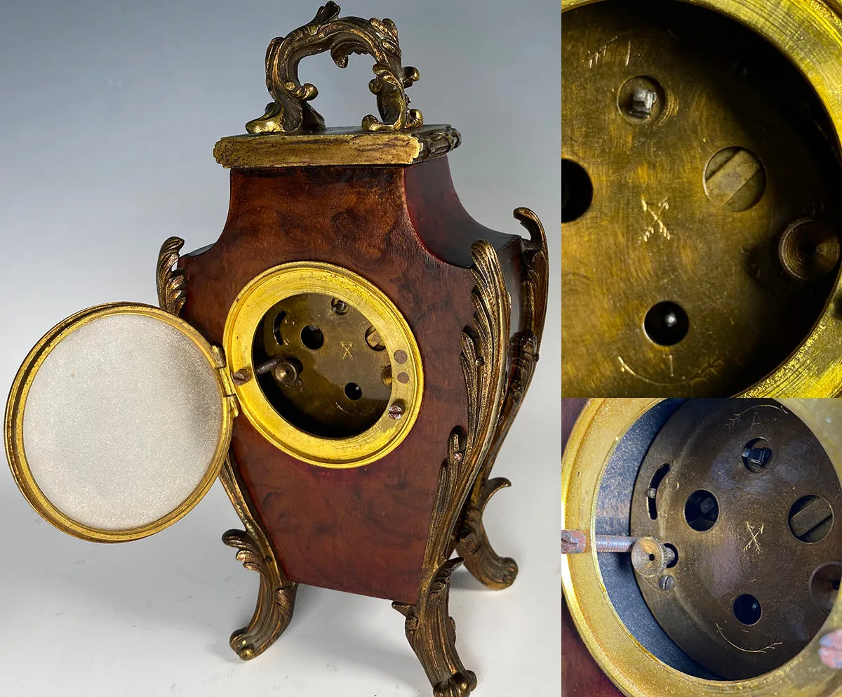 Superb 19th c. Antique French Boudoir or Desk Clock in Tortoise Shell, Paste Gem Face, Enamel Dial