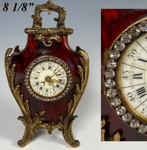 Superb 19th c. Antique French Boudoir or Desk Clock in Tortoise Shell, Paste Gem Face, Enamel Dial