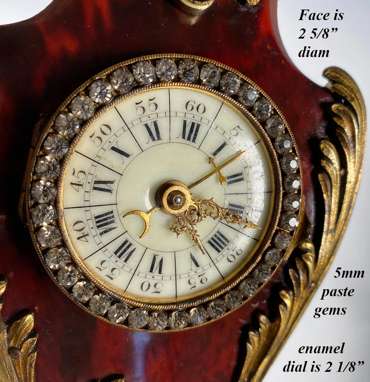 Superb 19th c. Antique French Boudoir or Desk Clock in Tortoise Shell, Paste Gem Face, Enamel Dial
