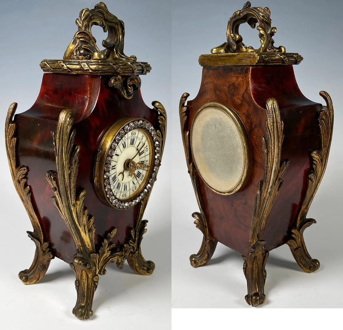Superb 19th c. Antique French Boudoir or Desk Clock in Tortoise Shell, Paste Gem Face, Enamel Dial