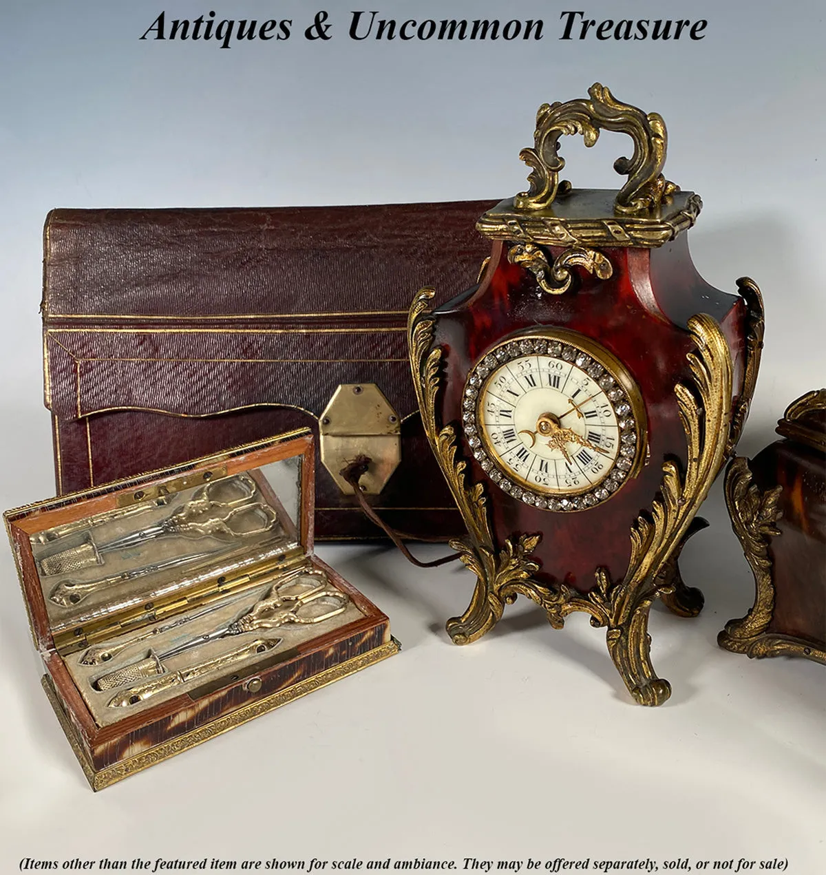 Superb 19th c. Antique French Boudoir or Desk Clock in Tortoise Shell, Paste Gem Face, Enamel Dial