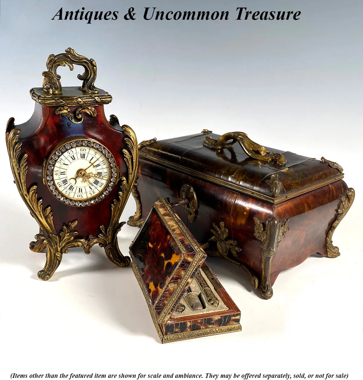 Superb 19th c. Antique French Boudoir or Desk Clock in Tortoise Shell, Paste Gem Face, Enamel Dial