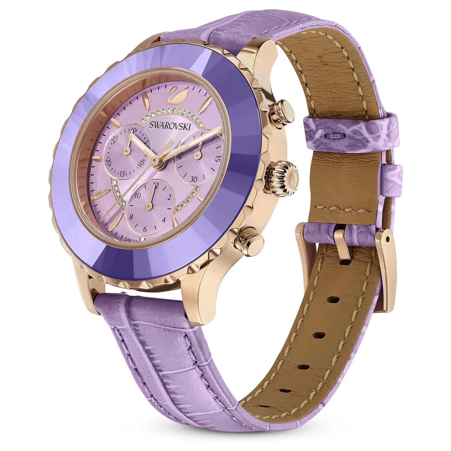 SWAROVSKI Women's Purple Dial Leather Band Octea Lux Chrono Analog Chronograph Swiss Quartz Watch - 5632263