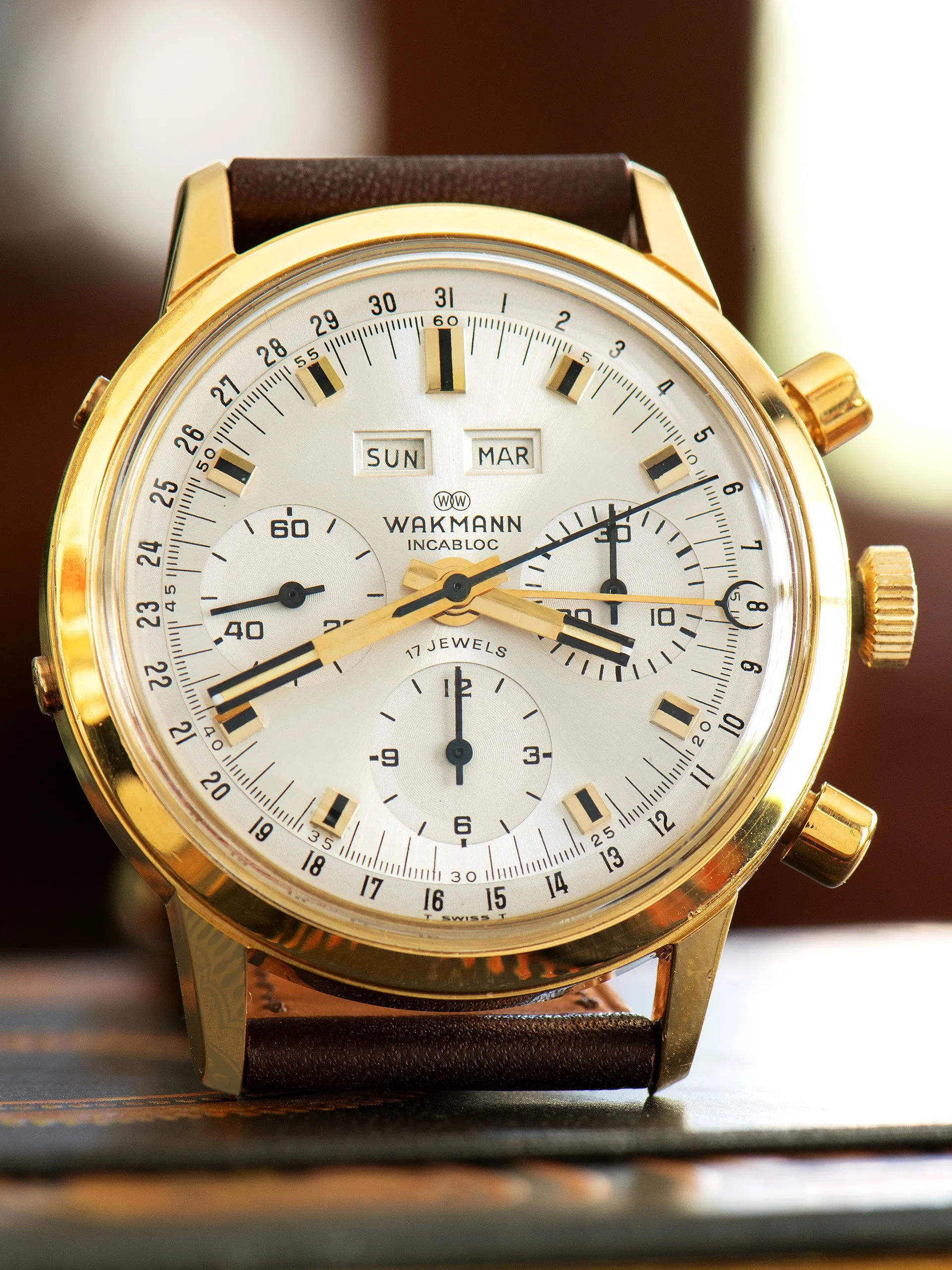 *Unpolished* 1970s Wakmann Triple Calendar Gold-Plated Chronograph "Jumbo"