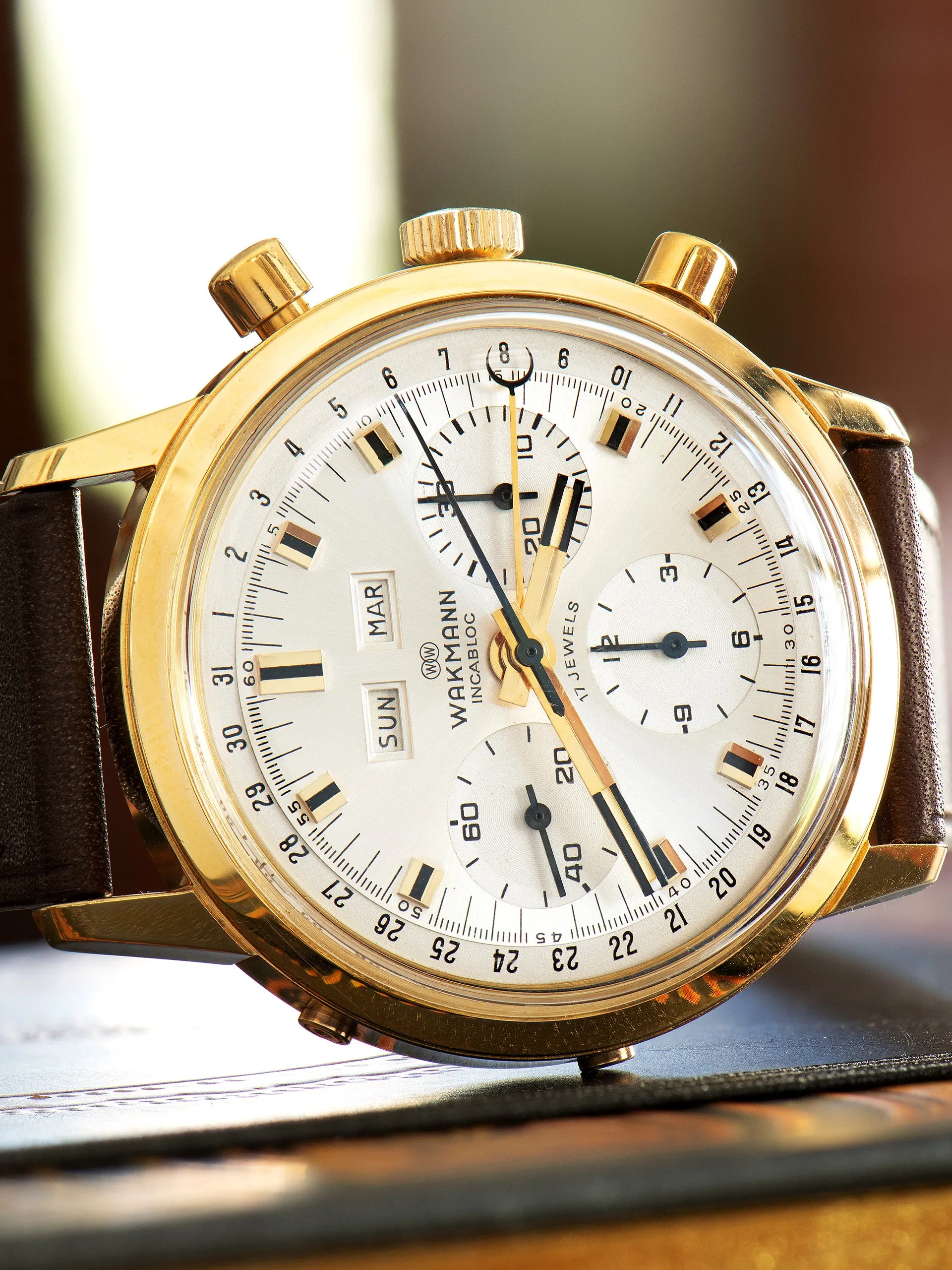 *Unpolished* 1970s Wakmann Triple Calendar Gold-Plated Chronograph "Jumbo"