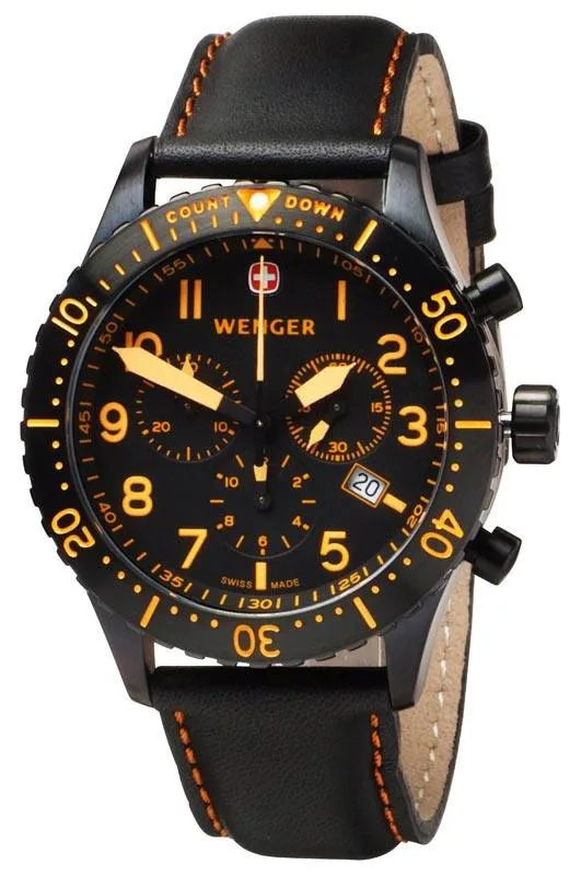 Wenger 77003 Men's Black Plated Leather Strap 100M WR Watch