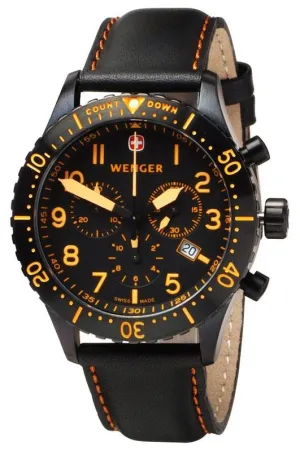 Wenger 77003 Men's Black Plated Leather Strap 100M WR Watch
