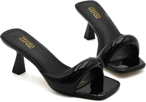 Women'S Leather One Strap Square Open Toe Kitten Heel Slide Sandals Sexy Slip-On Stiletto Mule Sandals Wedding Party Evening Prom Backless Dress Slipper Pump Shoes