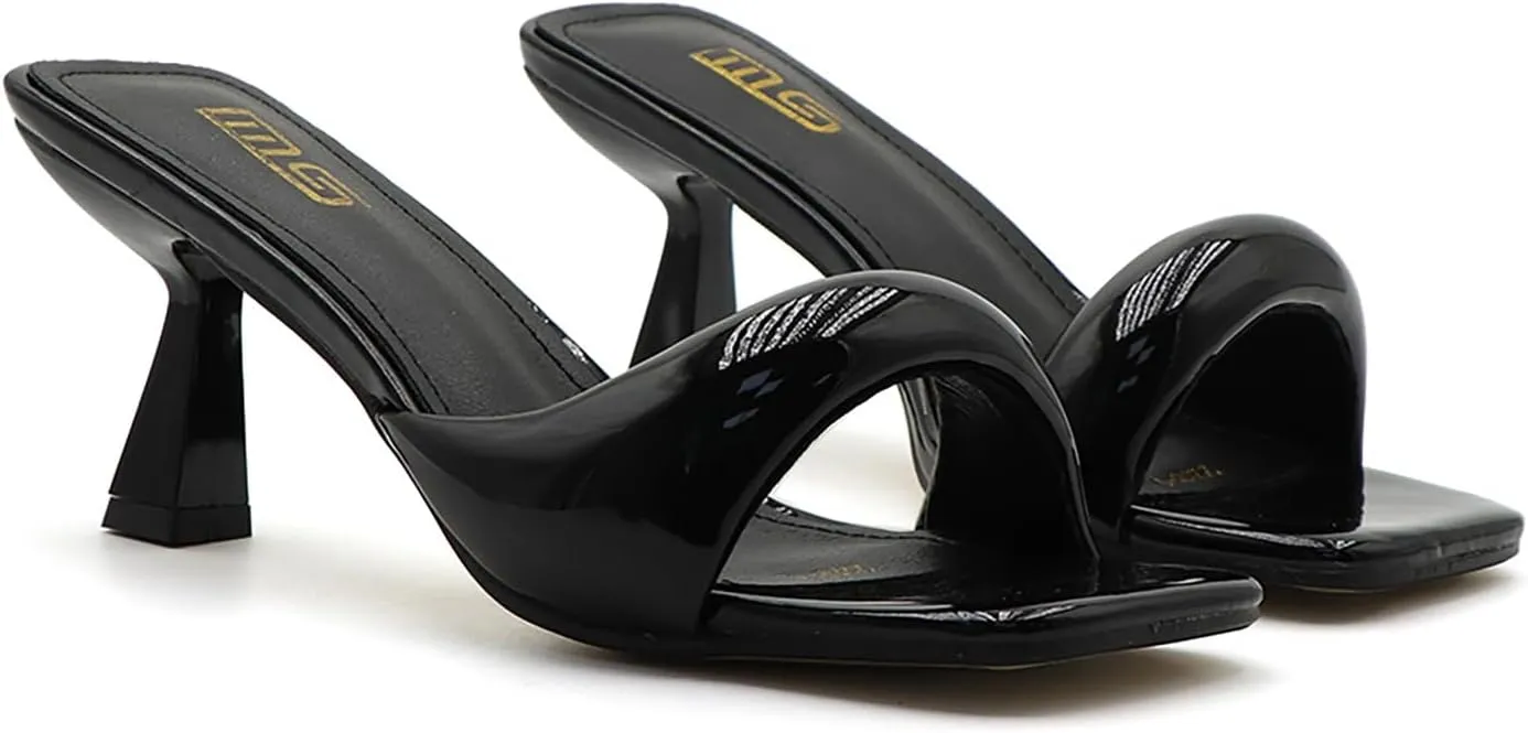 Women'S Leather One Strap Square Open Toe Kitten Heel Slide Sandals Sexy Slip-On Stiletto Mule Sandals Wedding Party Evening Prom Backless Dress Slipper Pump Shoes
