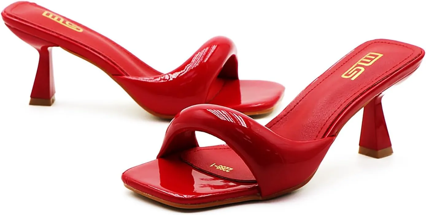 Women'S Leather One Strap Square Open Toe Kitten Heel Slide Sandals Sexy Slip-On Stiletto Mule Sandals Wedding Party Evening Prom Backless Dress Slipper Pump Shoes