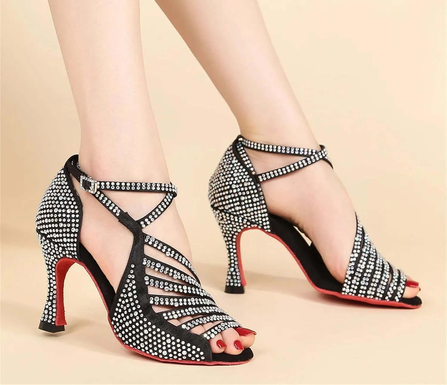 Women's Red Sole Latin Dance Shoes - Tango Ballroom Rhinestone Wedding Party Sandals, 10CM/3.9Inch Heel Height