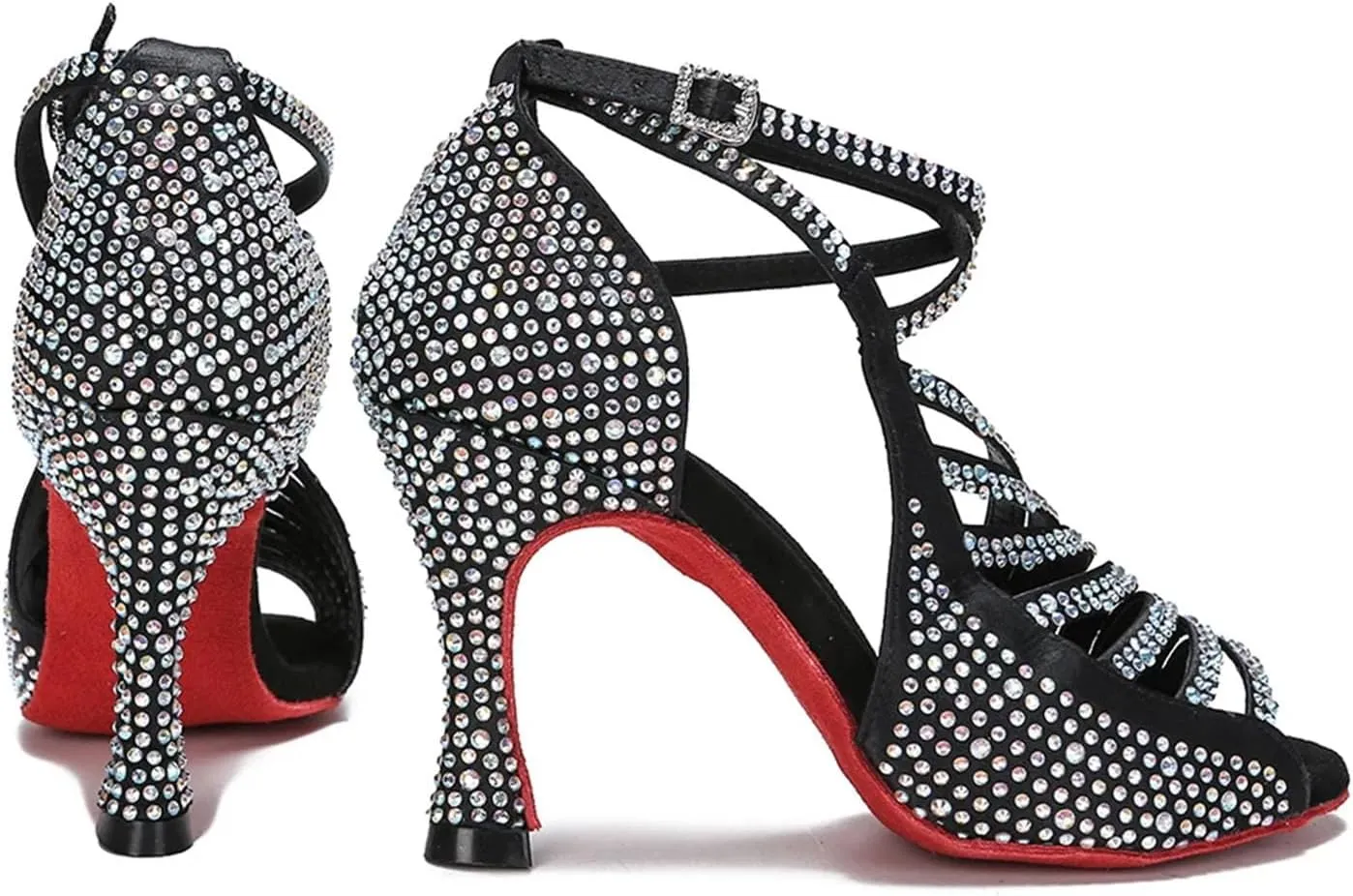 Women's Red Sole Latin Dance Shoes - Tango Ballroom Rhinestone Wedding Party Sandals, 10CM/3.9Inch Heel Height