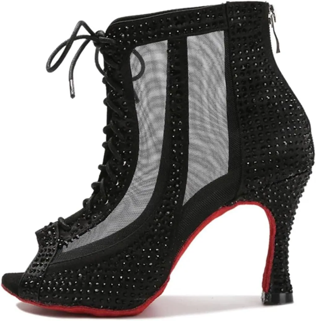 Women's Rhinestone Latin Dance Boots - Pole Dance Sexy Belly Ballroom Mesh Professional Heels, 10CM/3.9Inch Heel Height