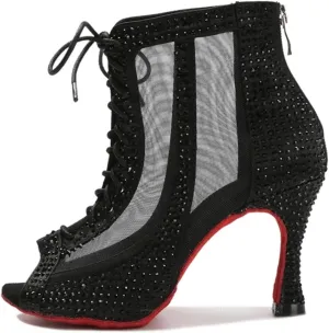 Women's Rhinestone Latin Dance Boots - Pole Dance Sexy Belly Ballroom Mesh Professional Heels, 10CM/3.9Inch Heel Height