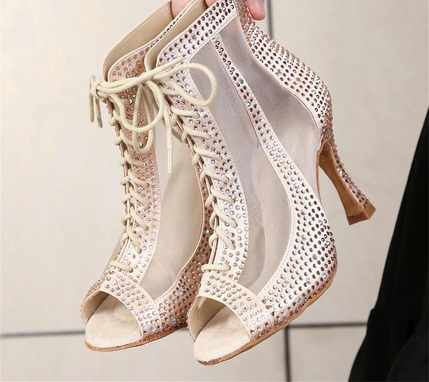 Women's Rhinestone Latin Dance Boots - Pole Dance Sexy Belly Ballroom Mesh Professional Heels, 10CM/3.9Inch Heel Height