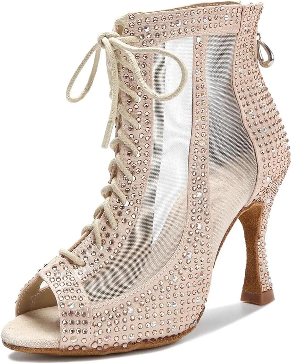 Women's Rhinestone Latin Dance Boots - Pole Dance Sexy Belly Ballroom Mesh Professional Heels, 10CM/3.9Inch Heel Height