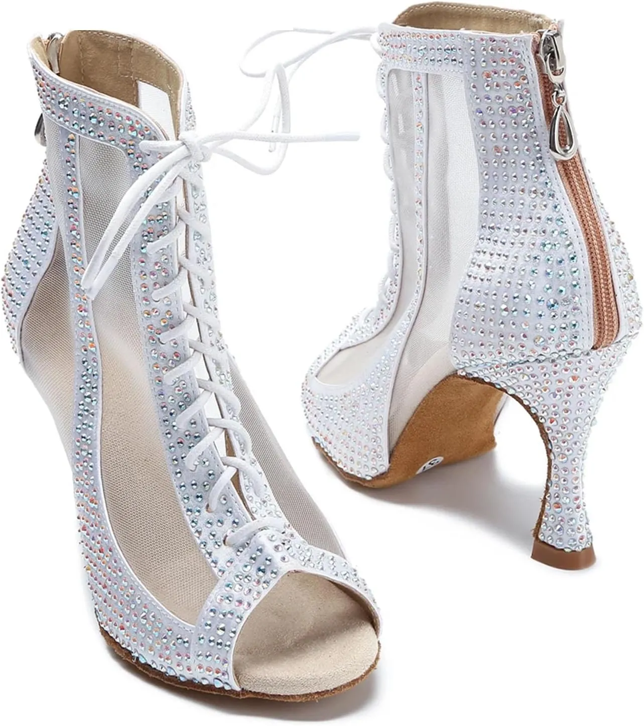 Women's Rhinestone Latin Dance Boots - Pole Dance Sexy Belly Ballroom Mesh Professional Heels, 10CM/3.9Inch Heel Height