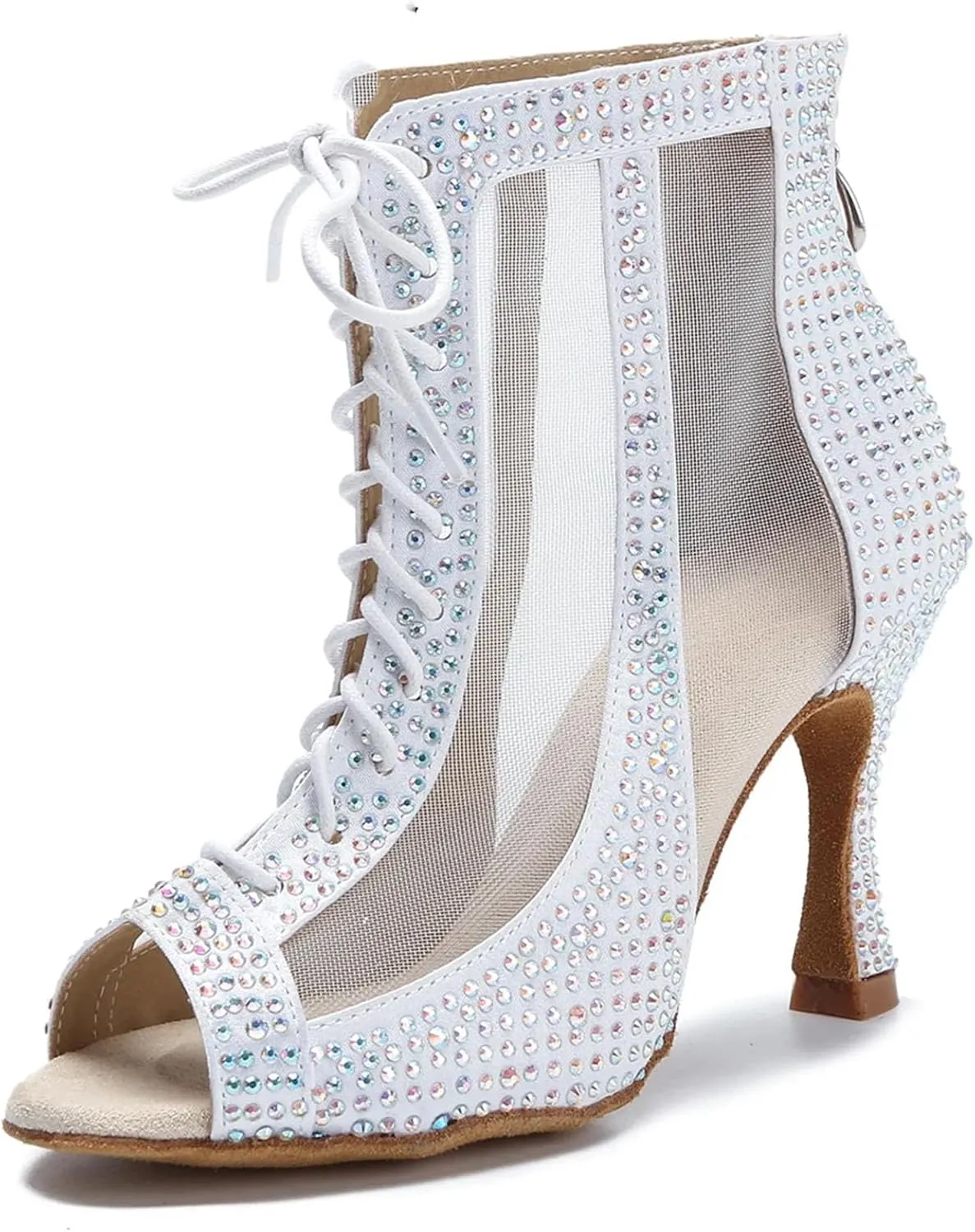Women's Rhinestone Latin Dance Boots - Pole Dance Sexy Belly Ballroom Mesh Professional Heels, 10CM/3.9Inch Heel Height