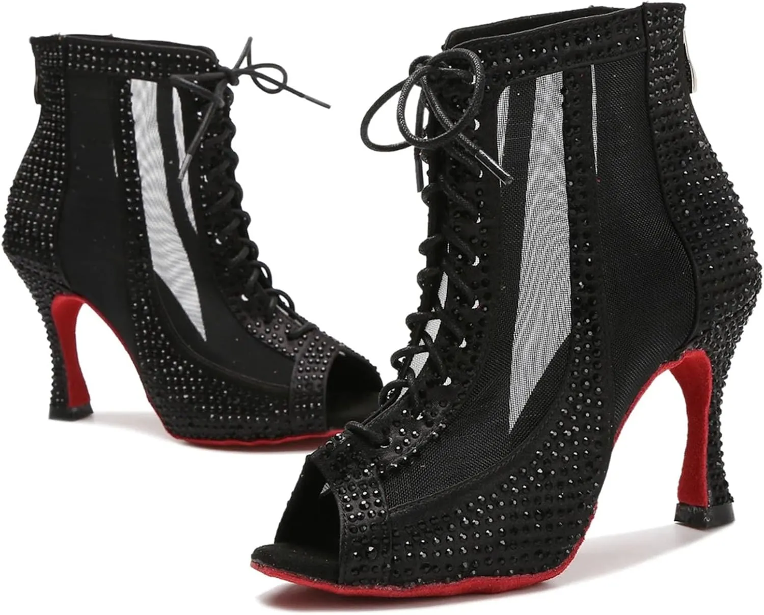 Women's Rhinestone Latin Dance Boots - Pole Dance Sexy Belly Ballroom Mesh Professional Heels, 10CM/3.9Inch Heel Height