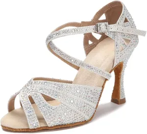 Women's Rhinestone Latin Dance Shoes - Tango Ballroom Soft Sole Wedding Sandals, 10CM/3.9Inch Heel Height
