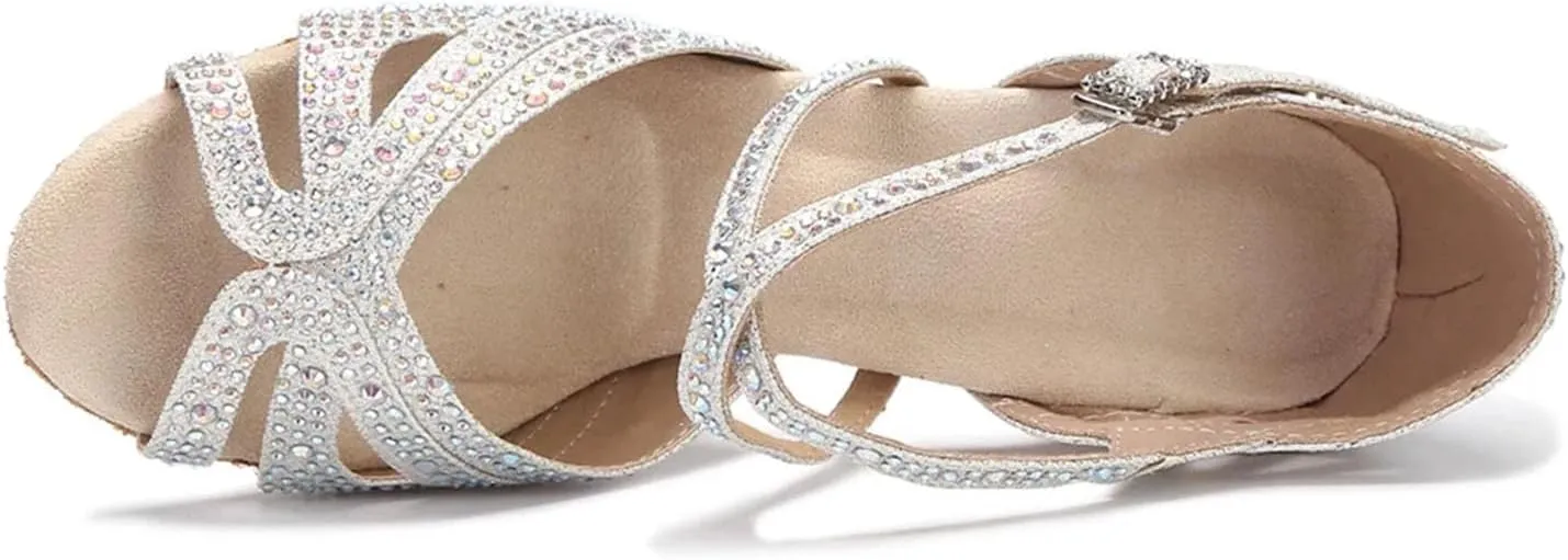 Women's Rhinestone Latin Dance Shoes - Tango Ballroom Soft Sole Wedding Sandals, 10CM/3.9Inch Heel Height