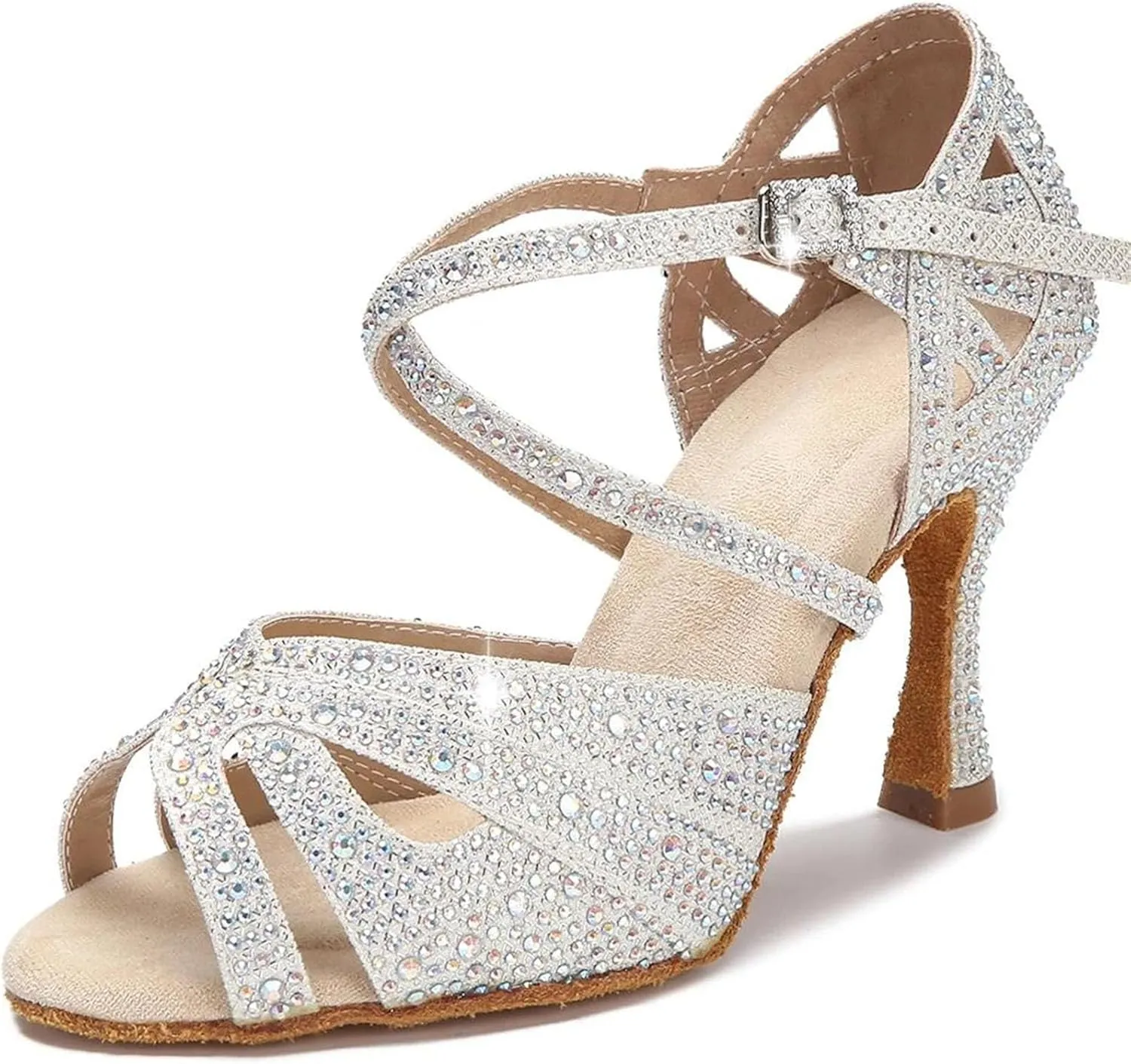 Women's Rhinestone Latin Dance Shoes - Tango Ballroom Soft Sole Wedding Sandals, 10CM/3.9Inch Heel Height